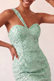 Sparkly Mint Green Sequin One Shoulder Short Tight Homcoming Dress