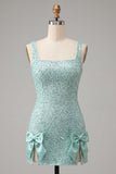 Sparkly Sky Blue Sequin Tight Short Homecoming Dress with Bows