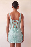 Sparkly Sky Blue Sequin Tight Short Homecoming Dress with Bows