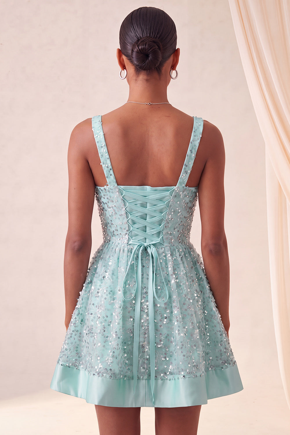 Sparkly Mint Green Sequin A-Line Short Homecoming Dress with Bows