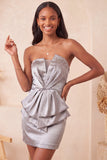 Silver Ruched Tight Strapless Short Homecoming Dress with Beading