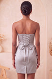 Silver Ruched Tight Strapless Short Homecoming Dress with Beading