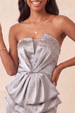 Silver Ruched Tight Strapless Short Homecoming Dress with Beading