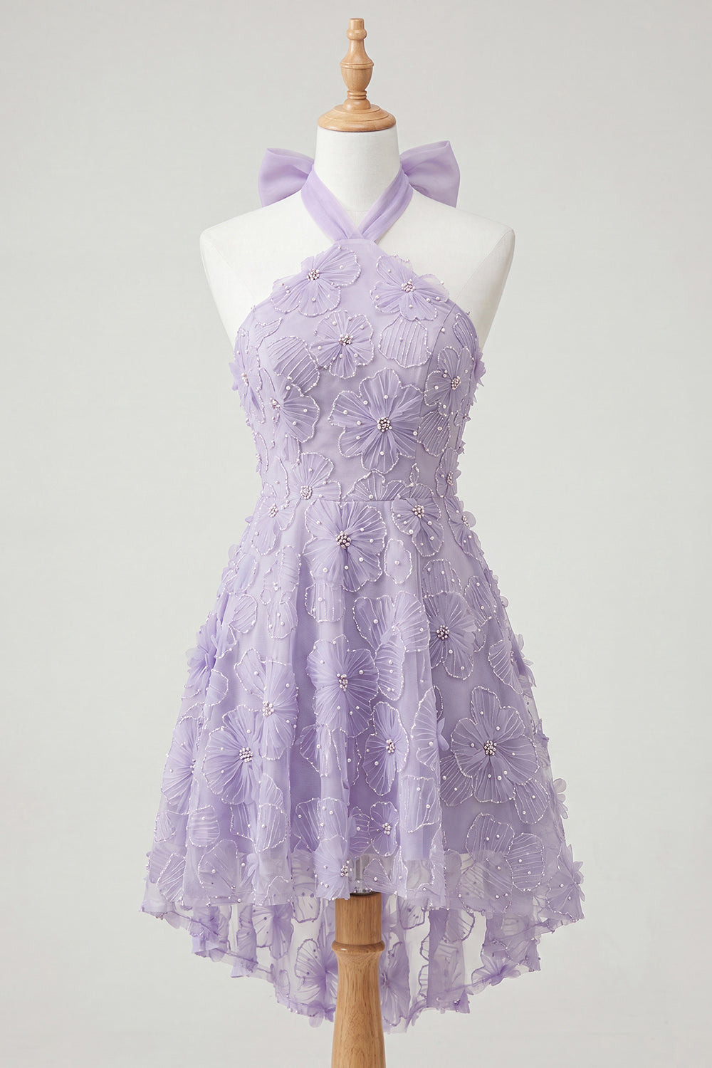 Floral Sky Blue Beaded A-Line High-Low Homecoming Dress