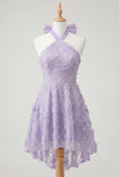 Floral Sky Blue Beaded A-Line High-Low Homecoming Dress