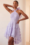 Floral Sky Blue Beaded A-Line High-Low Homecoming Dress