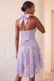 Floral Sky Blue Beaded A-Line High-Low Homecoming Dress
