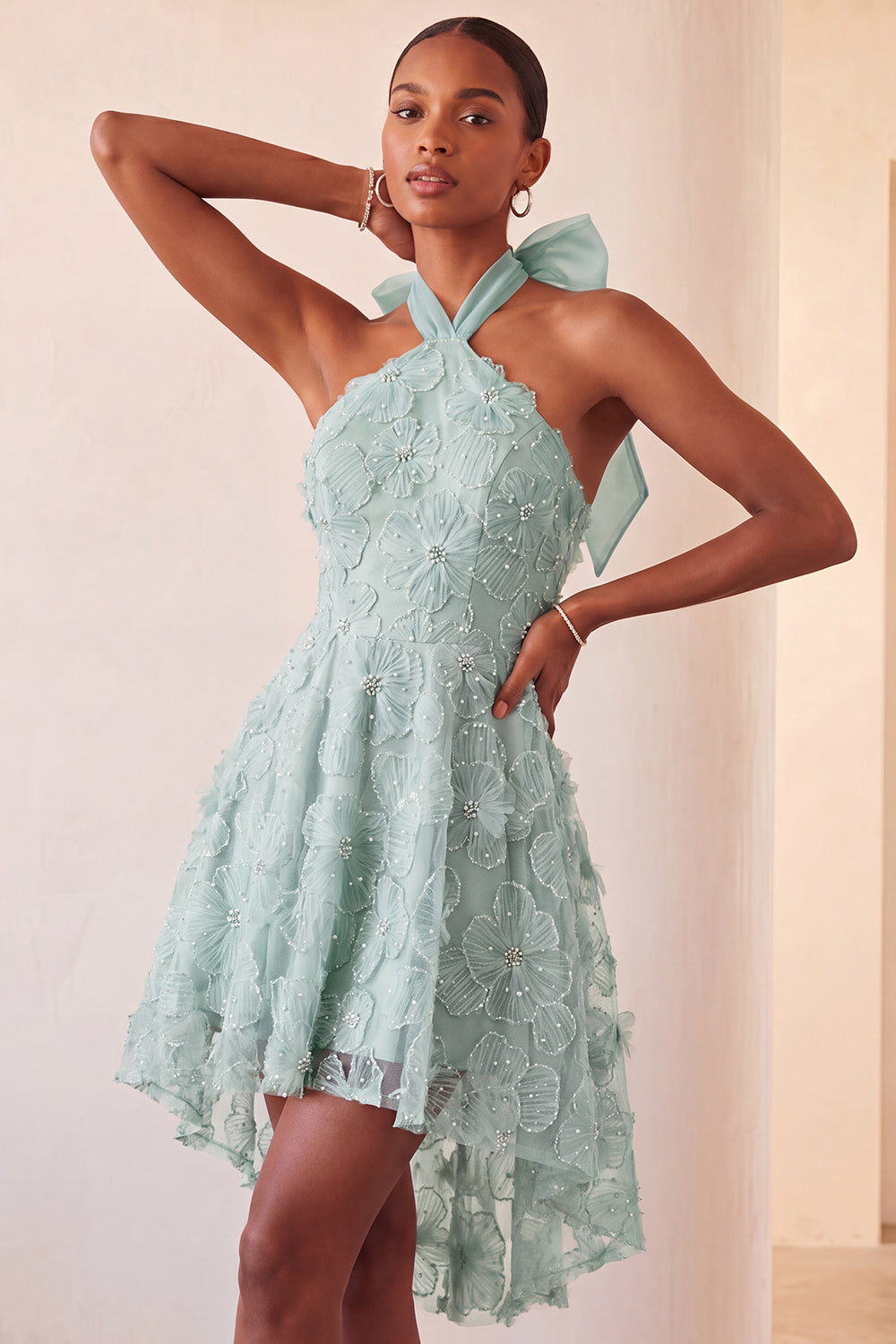 Floral Sky Blue Beaded A-Line High-Low Homecoming Dress