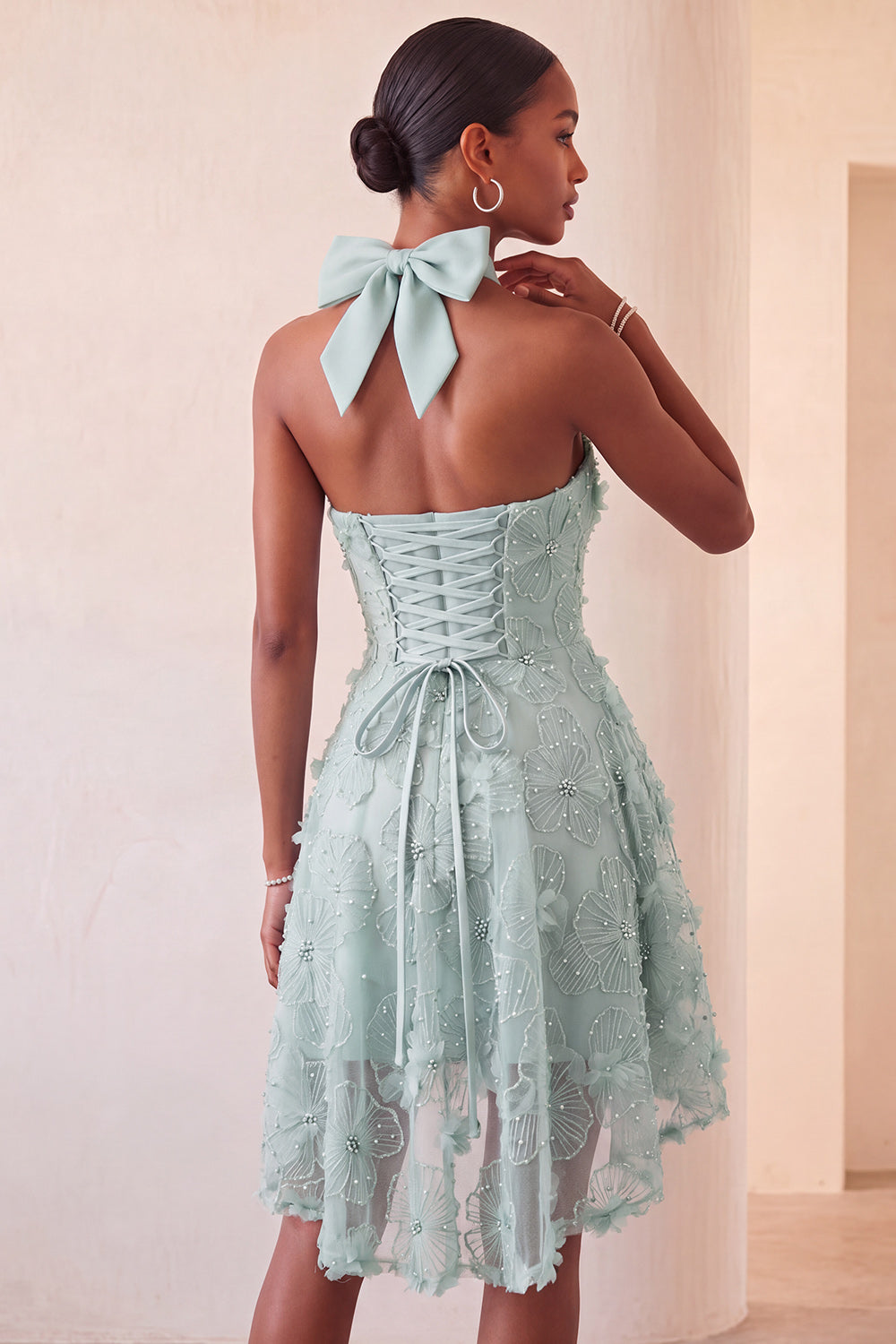 Floral Sky Blue Beaded A-Line High-Low Homecoming Dress
