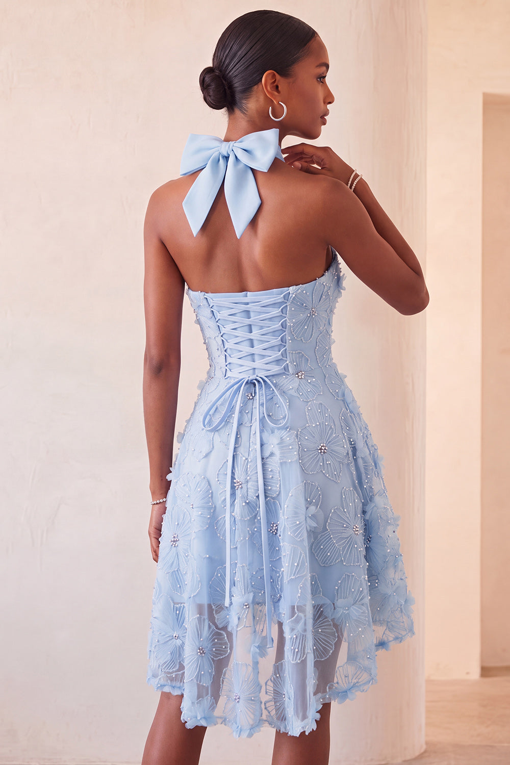 Floral Sky Blue Beaded A-Line High-Low Homecoming Dress