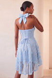Floral Sky Blue Beaded A-Line High-Low Homecoming Dress