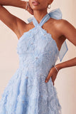 Floral Sky Blue Beaded A-Line High-Low Homecoming Dress