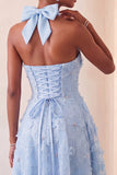 Floral Sky Blue Beaded A-Line High-Low Homecoming Dress