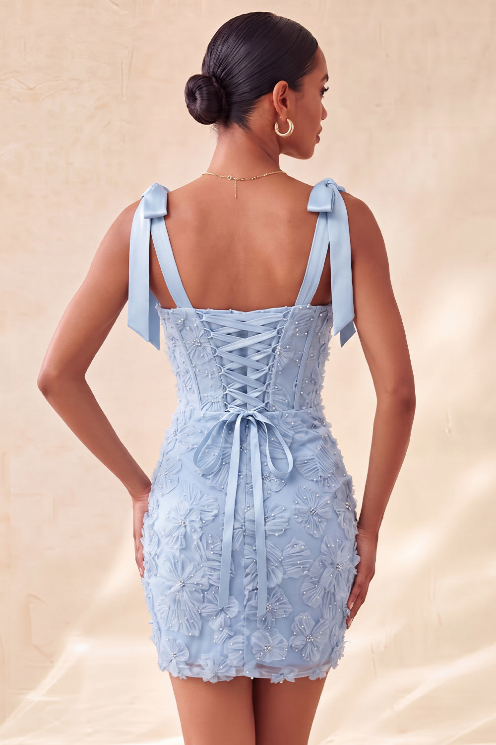 Floral Sky Blue Corset Beaded Tight Short Homecoming Dress