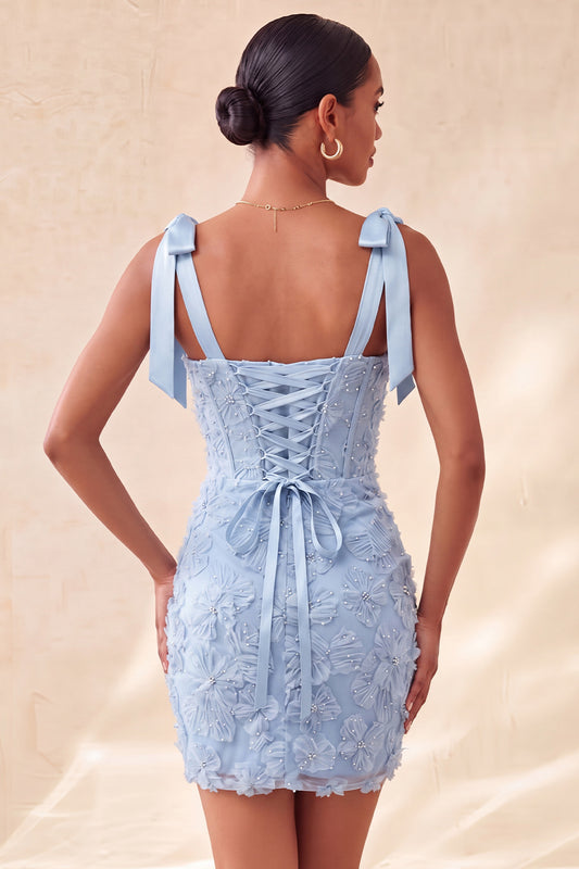 Floral Sky Blue Corset Beaded Tight Short Homecoming Dress