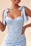 Floral Sky Blue Corset Beaded Tight Short Homecoming Dress