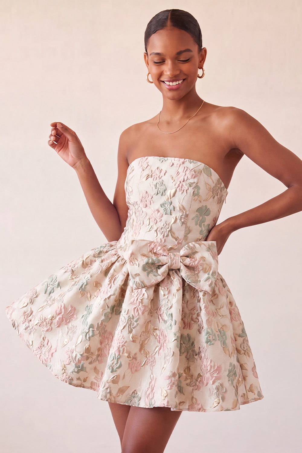 Blush Jacquard Strapless A-Line Short Homecoming Dress with Bow
