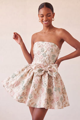 Blush Jacquard Strapless A-Line Short Homecoming Dress with Bow