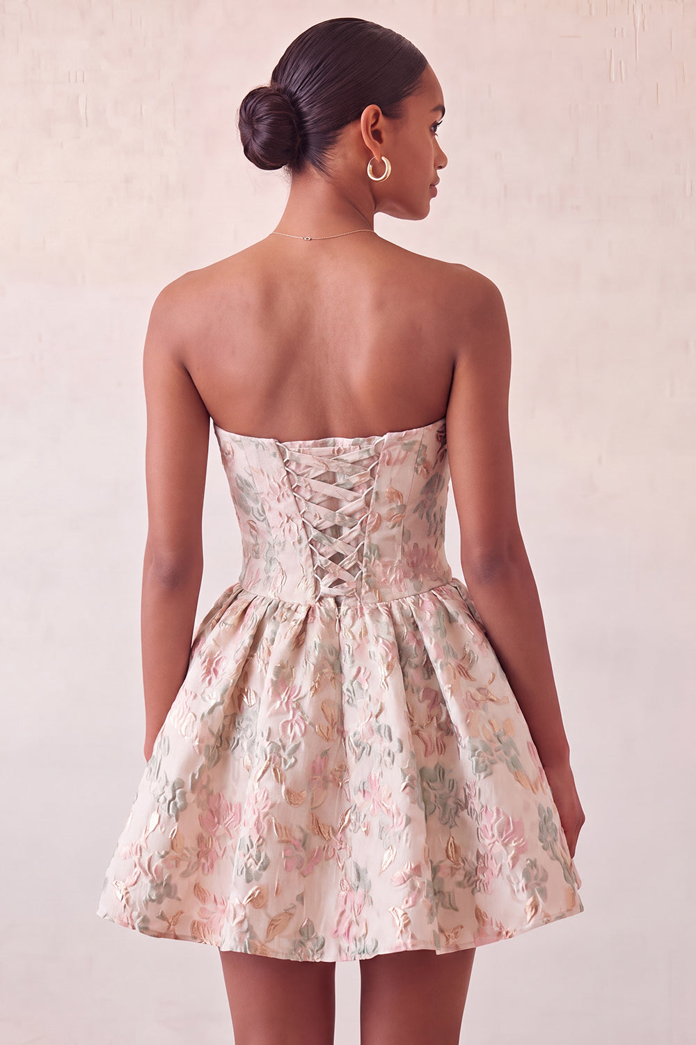 Blush Jacquard Strapless A-Line Short Homecoming Dress with Bow