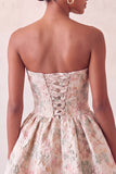 Blush Jacquard Strapless A-Line Short Homecoming Dress with Bow
