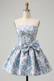 Blush Jacquard Strapless A-Line Short Homecoming Dress with Bow