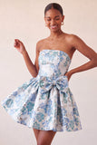 Blush Jacquard Strapless A-Line Short Homecoming Dress with Bow