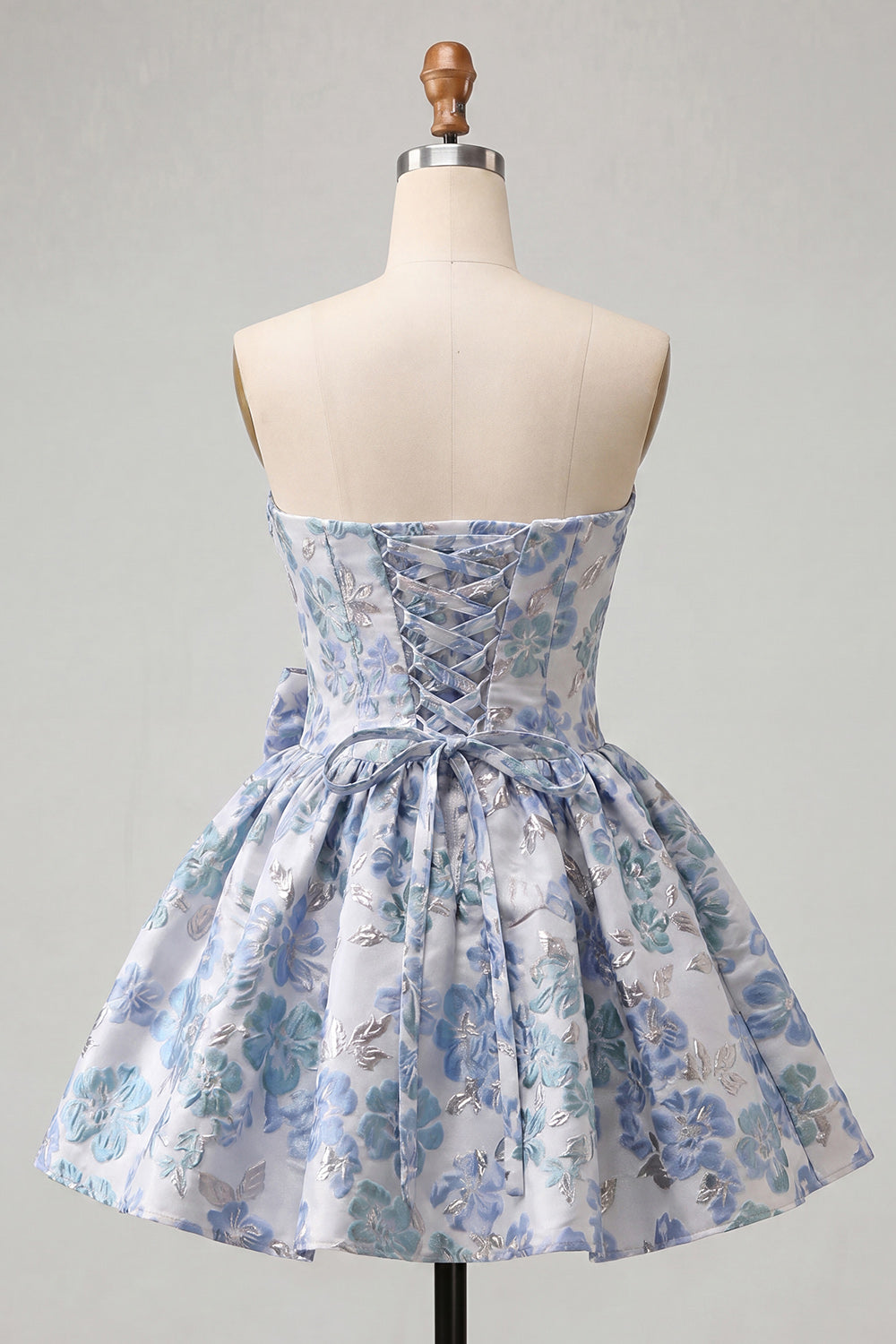 Blush Jacquard Strapless A-Line Short Homecoming Dress with Bow