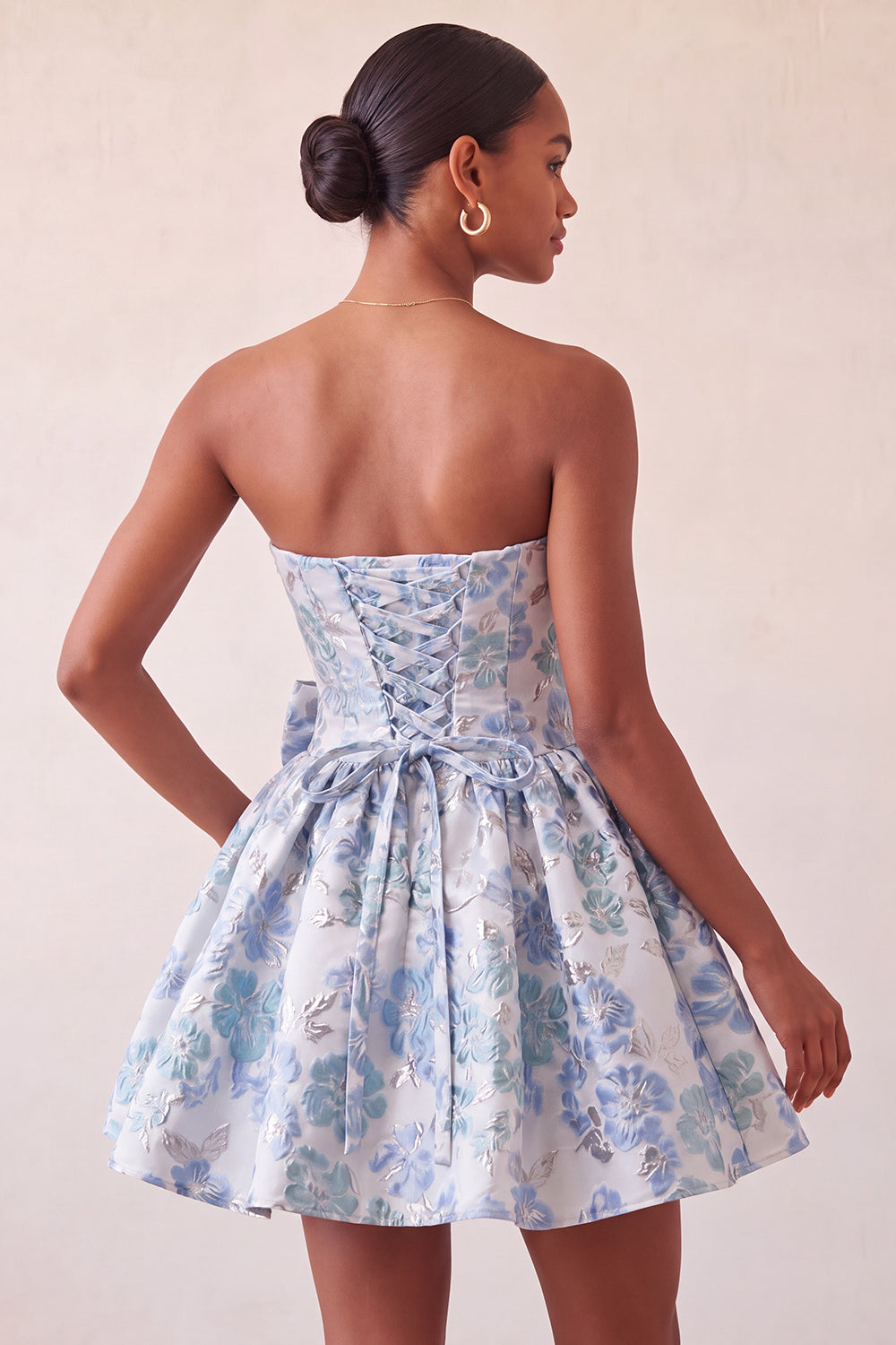 Blush Jacquard Strapless A-Line Short Homecoming Dress with Bow