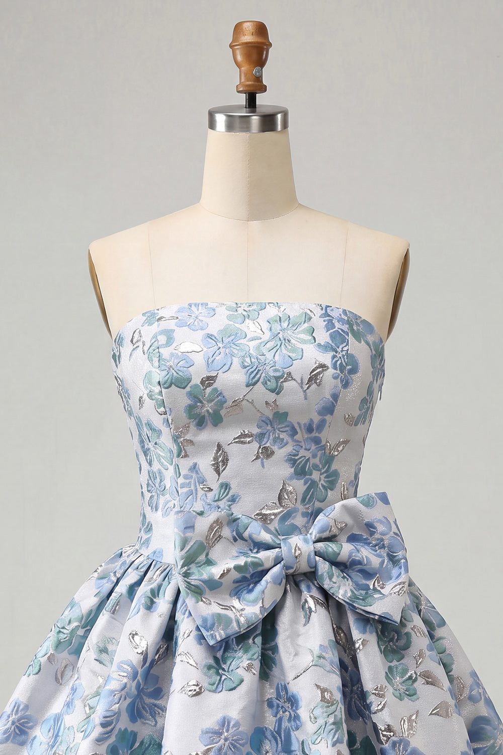 Blush Jacquard Strapless A-Line Short Homecoming Dress with Bow