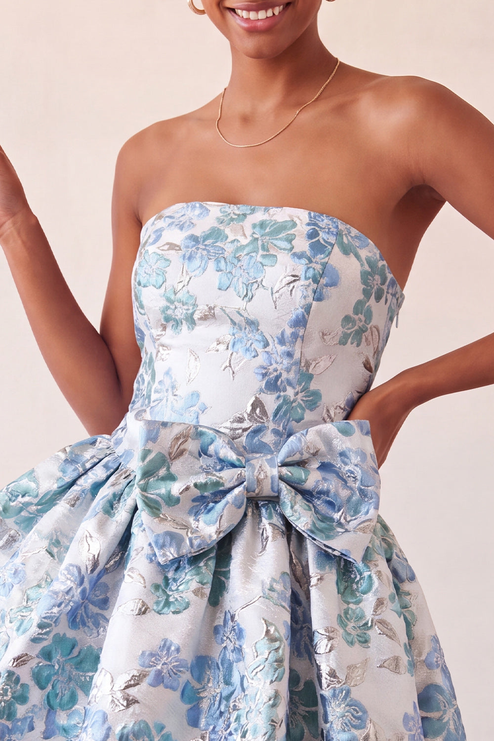 Blush Jacquard Strapless A-Line Short Homecoming Dress with Bow