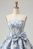 Blush Jacquard Strapless A-Line Short Homecoming Dress with Bow
