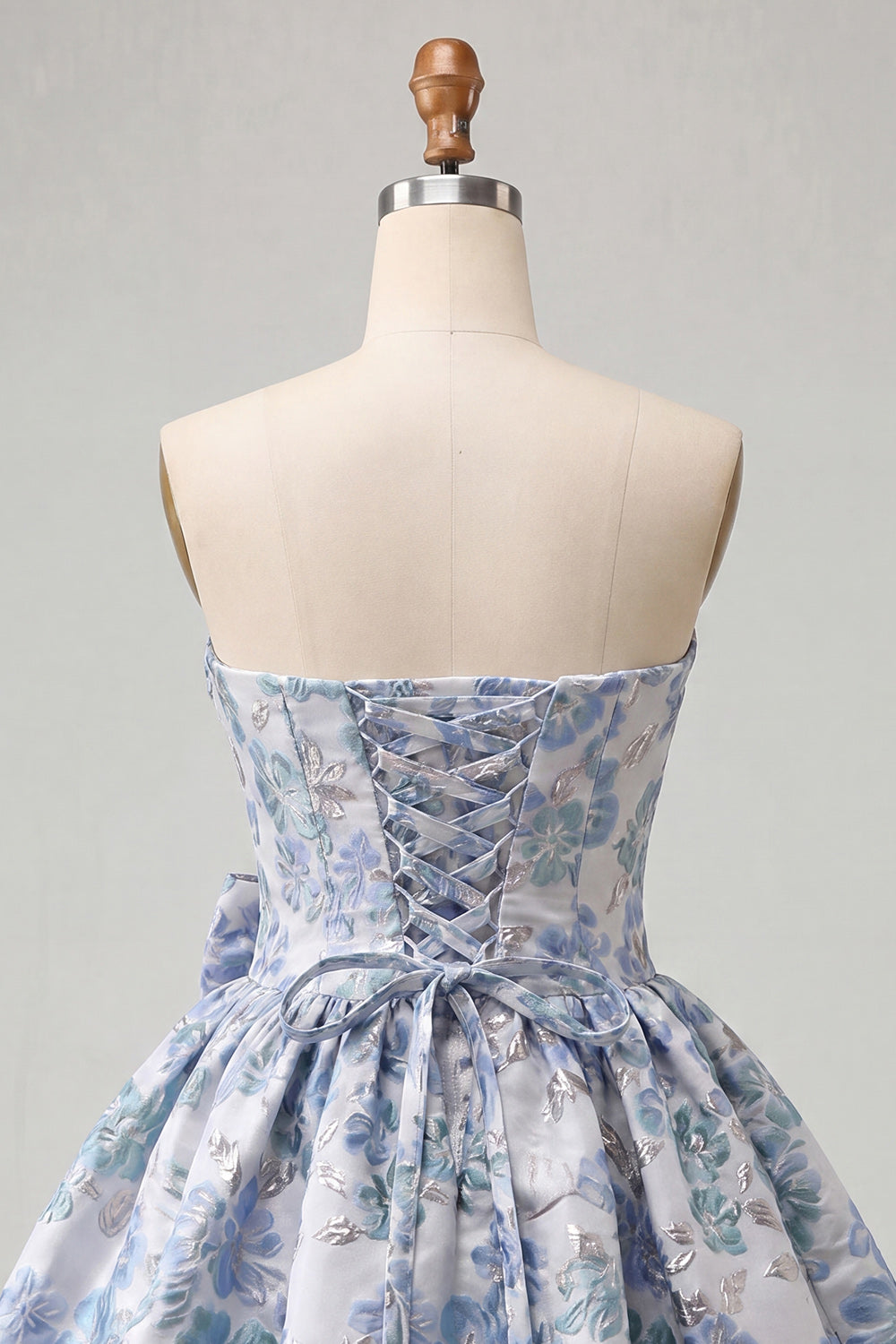 Blush Jacquard Strapless A-Line Short Homecoming Dress with Bow