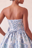 Blush Jacquard Strapless A-Line Short Homecoming Dress with Bow