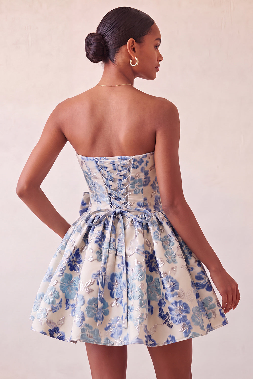 Blush Jacquard Strapless A-Line Short Homecoming Dress with Bow