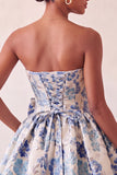 Blush Jacquard Strapless A-Line Short Homecoming Dress with Bow