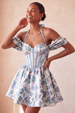 Light Blue Jacquard Corset A-Line Short Homecoming Dress