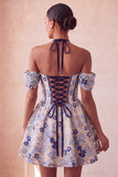Light Blue Jacquard Corset A-Line Short Homecoming Dress