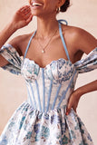 Light Blue Jacquard Corset A-Line Short Homecoming Dress