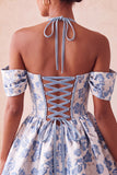 Light Blue Jacquard Corset A-Line Short Homecoming Dress