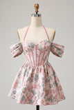 Light Blue Jacquard Corset A-Line Short Homecoming Dress