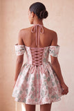Light Blue Jacquard Corset A-Line Short Homecoming Dress