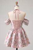 Light Blue Jacquard Corset A-Line Short Homecoming Dress