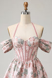 Light Blue Jacquard Corset A-Line Short Homecoming Dress
