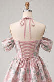 Light Blue Jacquard Corset A-Line Short Homecoming Dress