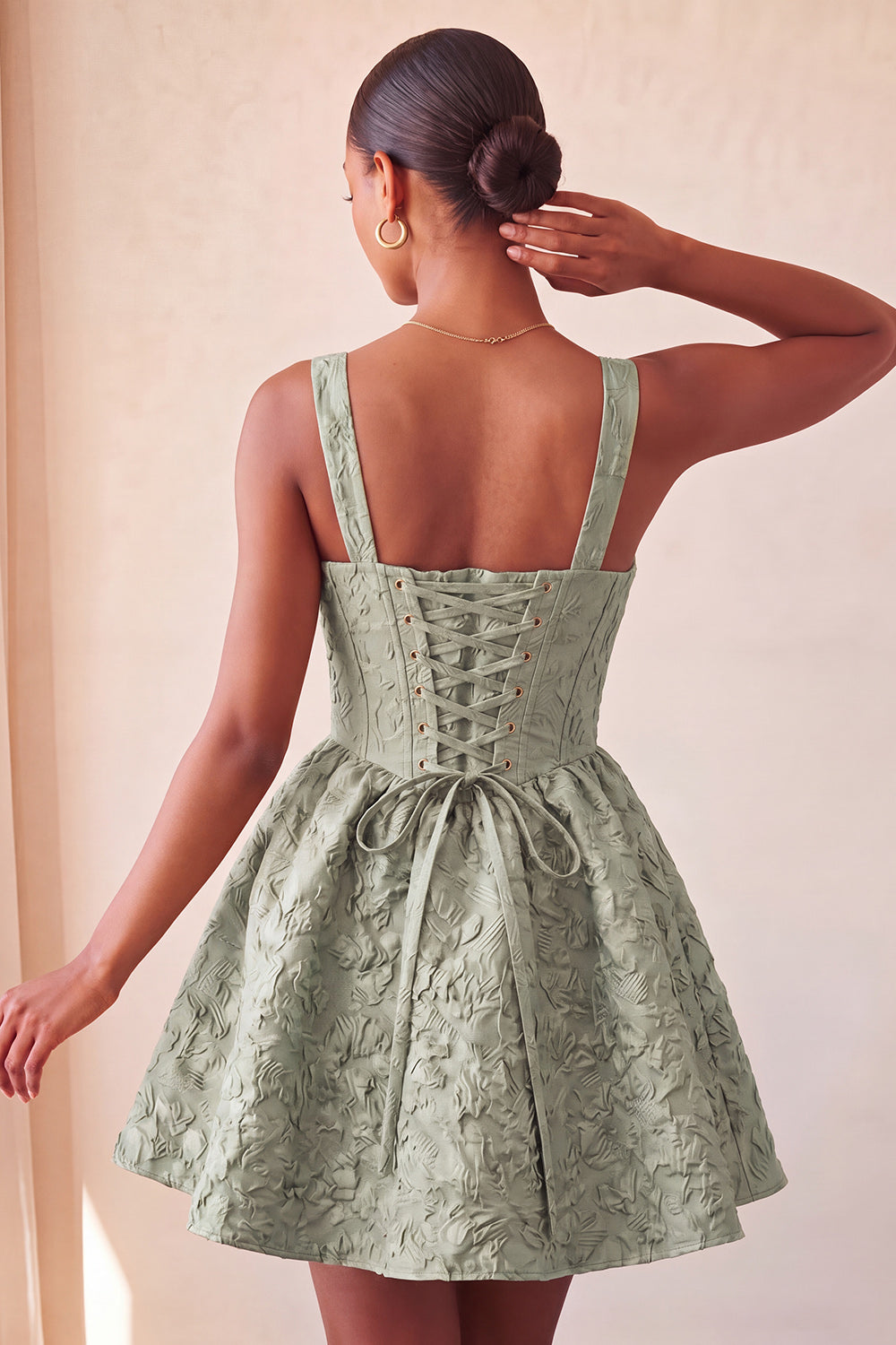 Sage Green Jacquard A Line Corset Short Homecoming Dress with Bow