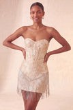 Champagne Jacquard Tight Short Corset Homecoming Dress with Fringes