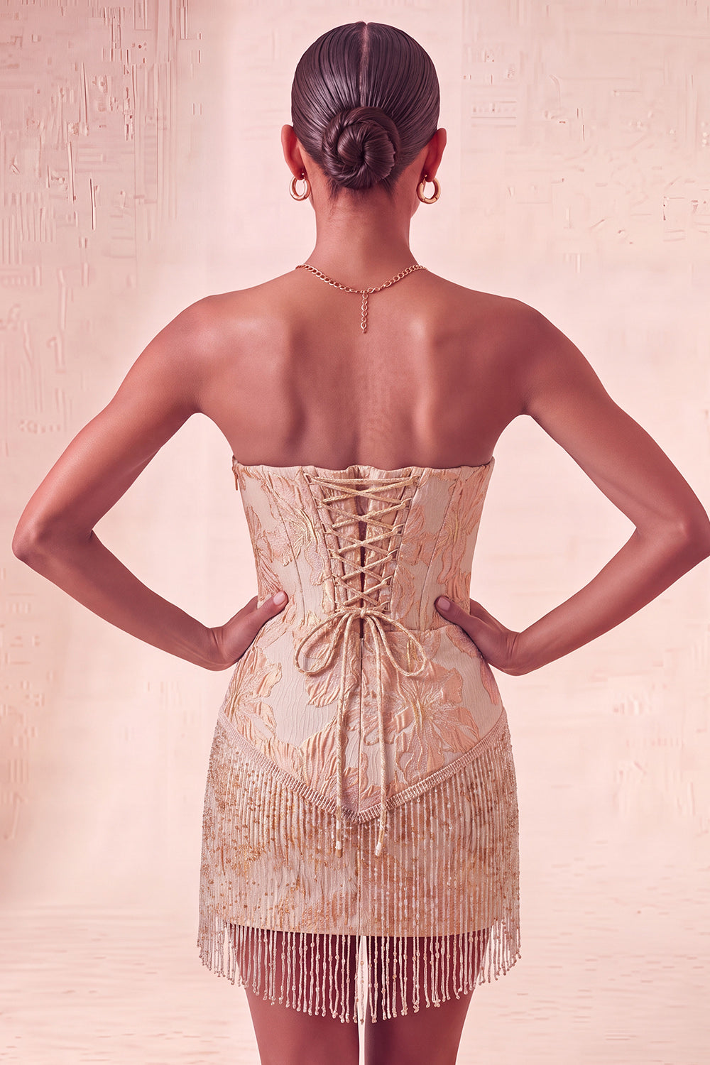 Champagne Jacquard Tight Short Corset Homecoming Dress with Fringes