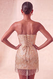 Champagne Jacquard Tight Short Corset Homecoming Dress with Fringes