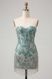 Champagne Jacquard Tight Short Corset Homecoming Dress with Fringes