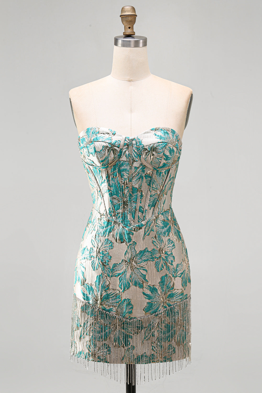 Champagne Jacquard Tight Short Corset Homecoming Dress with Fringes